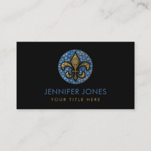 Fleur-de-lis  - Dot Art  Blue Marble and Gold Business Card
