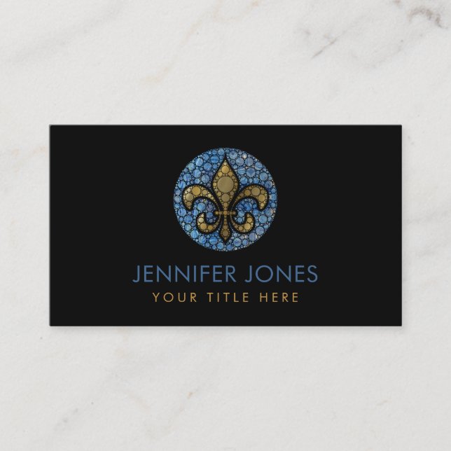 Fleur-de-lis  - Dot Art  Blue Marble and Gold Business Card (Front)