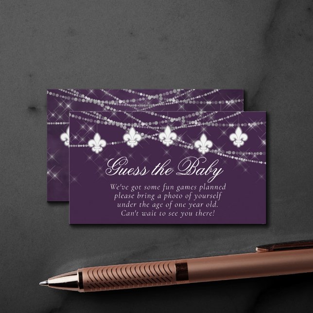 Fleur de Lis Eggplant Purple Lights Guess the Baby Enclosure Card (Creator Uploaded)