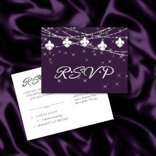Fleur de Lis Eggplant Purple Lights   Moody RSVP Invitation Postcard