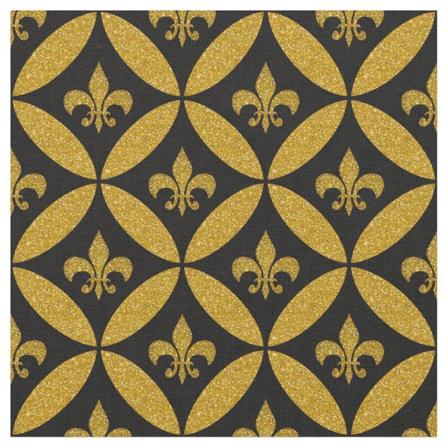 Fleur de Lis Eternity Pattern Faux Gold | Black Fabric (Close Up)