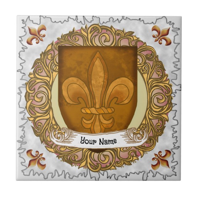 Fleur De Lis Family Crest Surname Tile (Front)