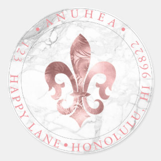 FLEUR DE LIS | FAUX ROSE GOLD DAMASK CLASSIC ROUND STICKER