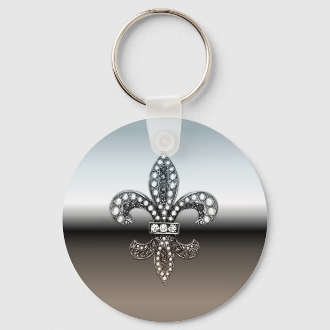 Fleur De Lis Flor  New Orleans Silver Black Key Ring (Front)