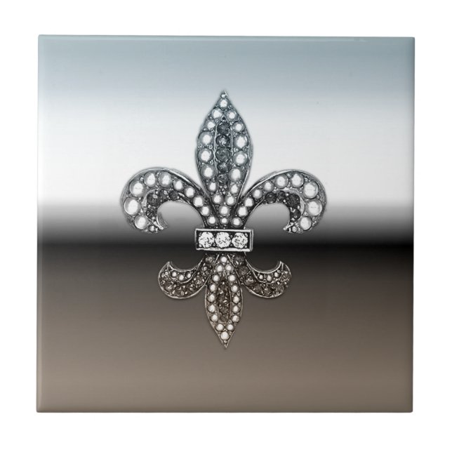 Fleur De Lis Flor  New Orleans Silver Black Tile (Front)