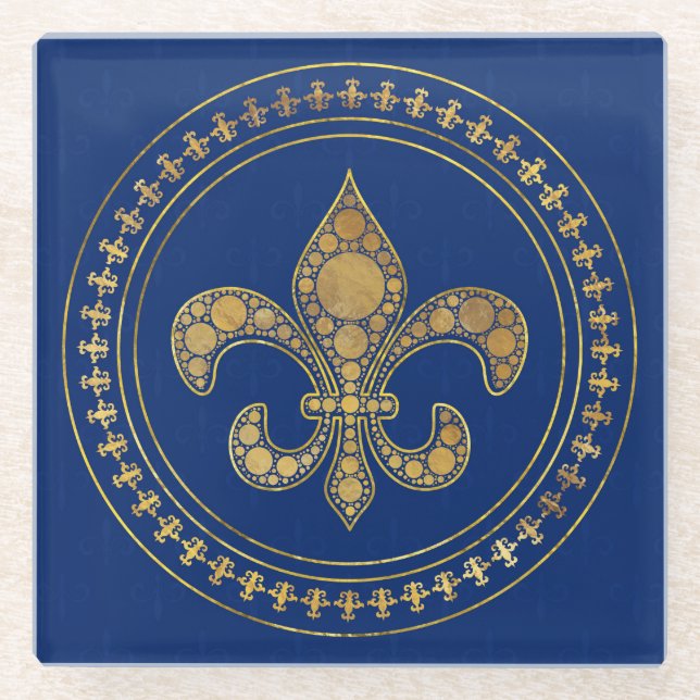 Fleur-de-lis - Gold and Royal Blue Glass Coaster (Front)