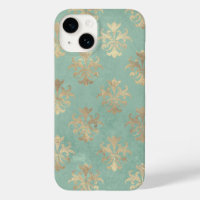 Fleur de lis gold and teal green vintage patina