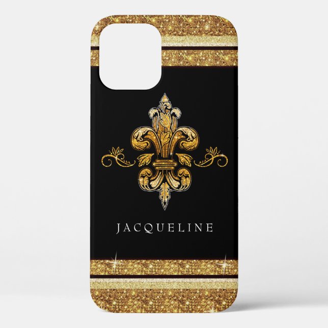 Fleur de Lis Gold Glitter Black Elegant French  Case-Mate iPhone Case (Back)