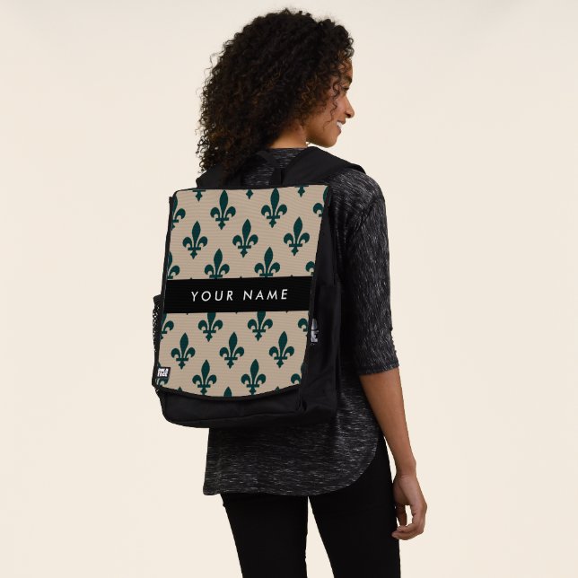 Fleur de Lis, Green on Beige, Royal, Your Name Backpack (Worn)