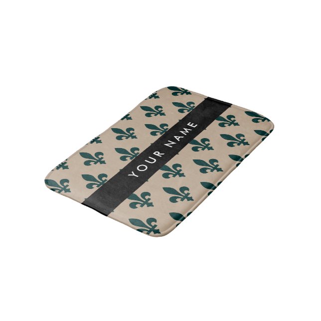 Fleur de Lis, Green on Beige, Royal, Your Name Bath Mat (Angled)