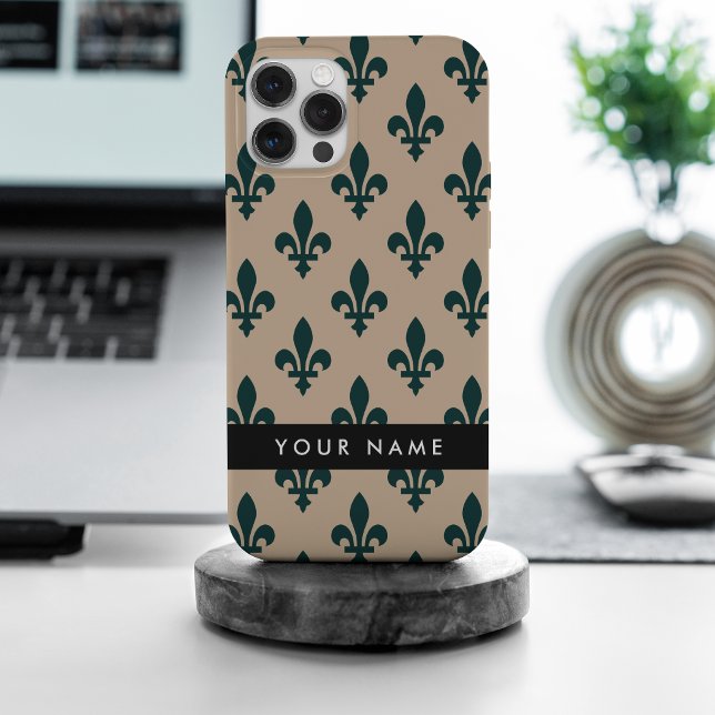 Fleur de Lis, Green on Beige, Royal, Your Name Case-Mate iPhone Case (Creator Uploaded)