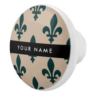 Fleur de Lis, Green on Beige, Royal, Your Name Ceramic Knob