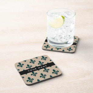 Fleur de Lis, Green on Beige, Royal, Your Name Coaster