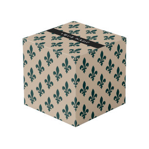 Fleur de Lis, Green on Beige, Royal, Your Name Cube