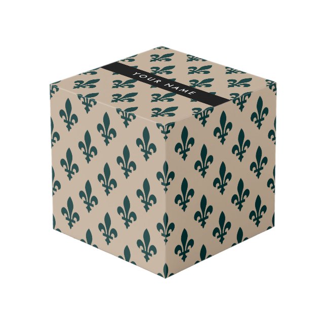 Fleur de Lis, Green on Beige, Royal, Your Name Cube (Front Angled)