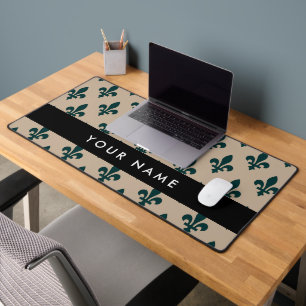 Fleur de Lis, Green on Beige, Royal, Your Name Desk Mat