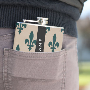 Fleur de Lis, Green on Beige, Royal, Your Name Hip Flask