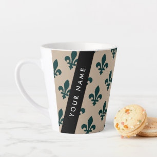 Fleur de Lis, Green on Beige, Royal, Your Name Latte Mug