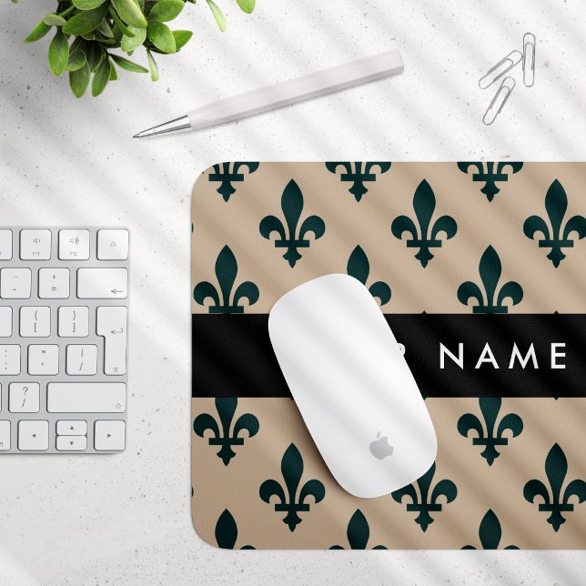 Fleur de Lis, Green on Beige, Royal, Your Name Mouse Pad (Creator Uploaded)