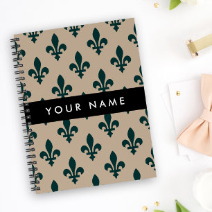 Fleur de Lis, Green on Beige, Royal, Your Name Notebook