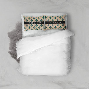 Fleur de Lis, Green on Beige, Royal, Your Name Pillowcase