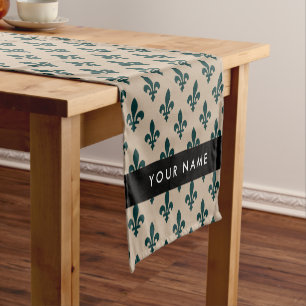 Fleur de Lis, Green on Beige, Royal, Your Name Short Table Runner
