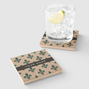Fleur de Lis, Green on Beige, Royal, Your Name Stone Coaster