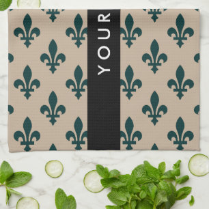 Fleur de Lis, Green on Beige, Royal, Your Name Tea Towel