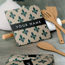 Fleur de Lis, Green on Beige, Royal, Your Name