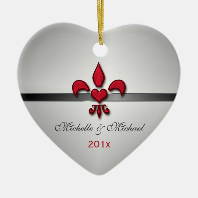 Fleur de Lis Heart Our First Christmas White Ceramic Tree Decoration (Front)