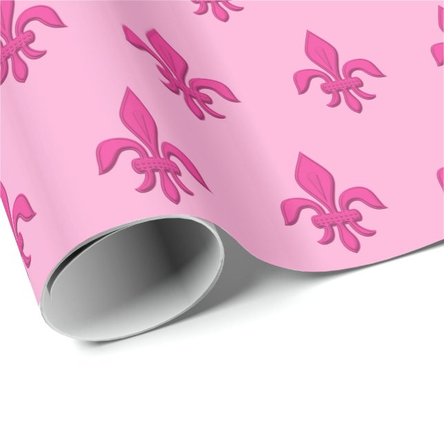 Fleur de Lis in Fuchsia Pink on Light Pink Wrapping Paper (Roll Corner)