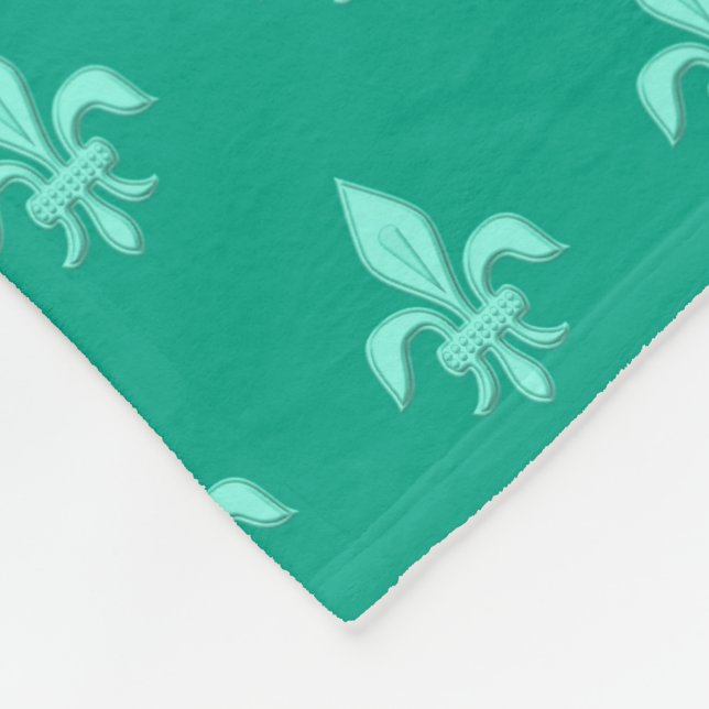 Fleur de Lis in Light Aqua on Turquoise Fleece Blanket (Corner)