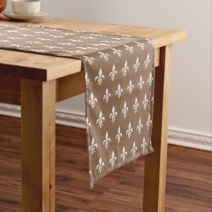 Fleur de Lis in Light Beige on Taupe Tan Short Table Runner