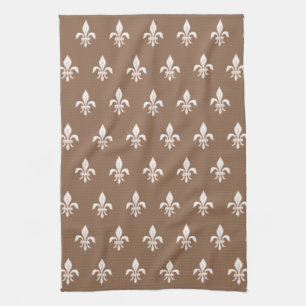 Fleur de Lis in Light Beige on Taupe Tan Tea Towel