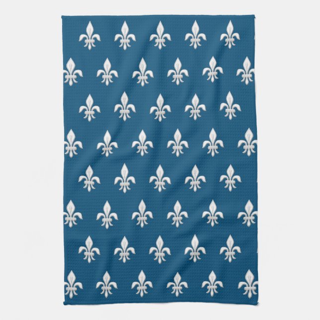 Fleur de Lis in White on Deep Cobalt Blue     Tea Towel (Vertical)
