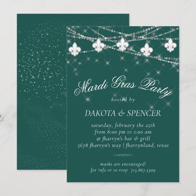 Fleur de Lis Lights | Green Mardi Gras Party Invitation (Front/Back)