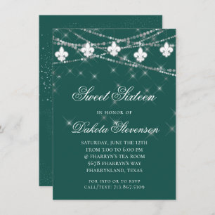 Fleur de Lis Lights   Green Theme Sweet Sixteen Invitation