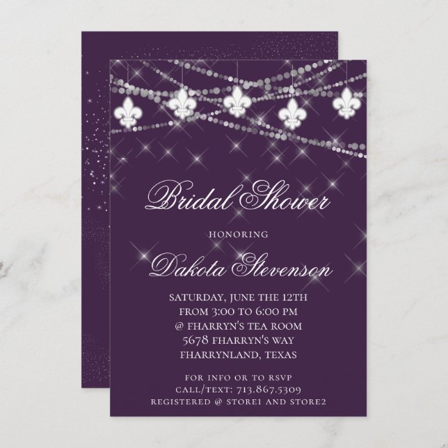Fleur de Lis Lights | Purple Moody Theme Shower Invitation (Front/Back)