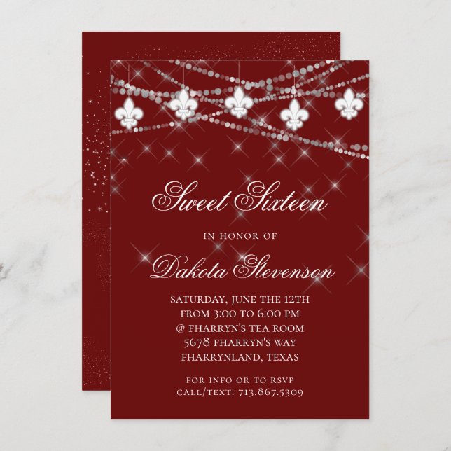 Fleur de Lis Lights | Red Theme Sweet 16 Party Invitation (Front/Back)