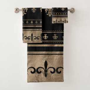 Fleur-de-lis Luxury ornament - black and gold Bath Towel Set