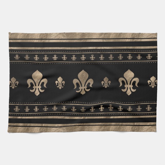Fleur-de-lis Luxury ornament - black and gold Tea Towel (Horizontal)