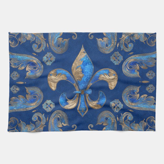Fleur-de-lis luxury ornament - blue marble tea towel (Horizontal)