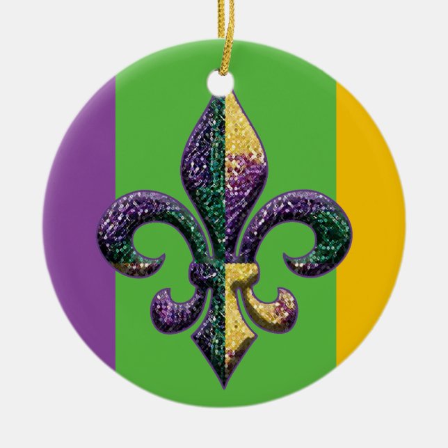 Fleur de lis Mardi Gras beads Ceramic Tree Decoration (Front)