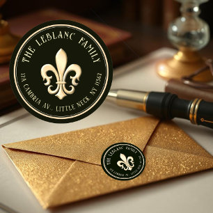 Fleur de Lis Metallic Gold Black Return Address Classic Round Sticker