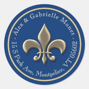 Fleur de Lis Metallic Gold Blue Return Address Classic Round Sticker