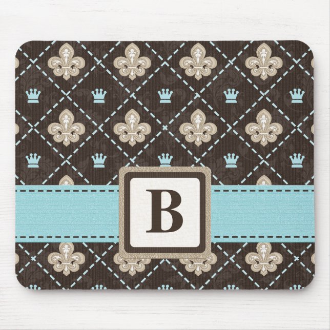 Fleur De Lis Monogram Mouse Pad Blue Ribbon (Front)