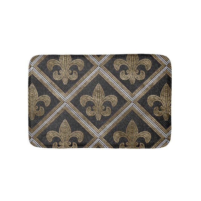 Fleur-de-lis mosaic tile pattern black and gold bath mat (Front)