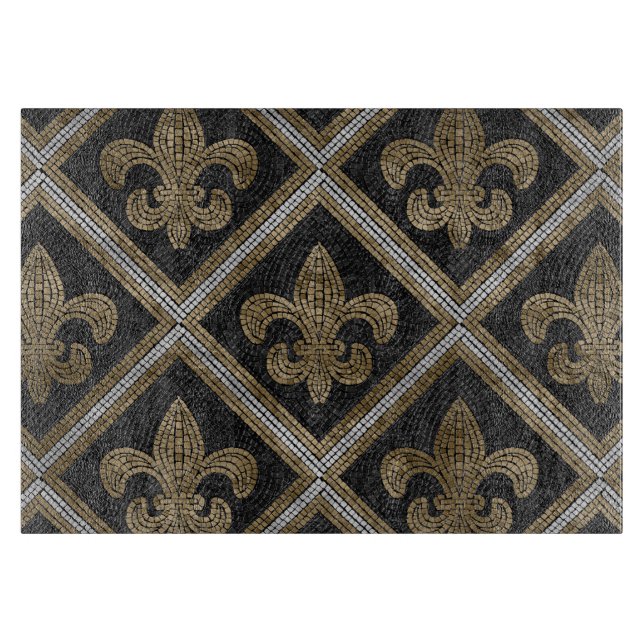 Fleur-de-lis mosaic tile pattern black and gold cutting board (Front)