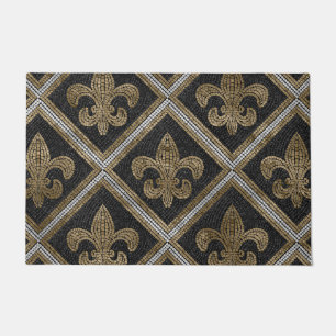 Fleur-de-lis mosaic tile pattern black and gold doormat