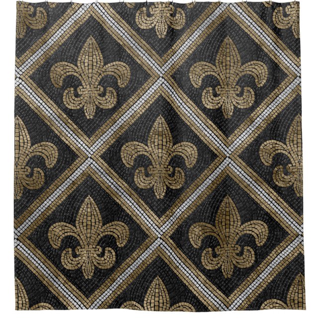 Fleur-de-lis mosaic tile pattern black and gold shower curtain (Front)